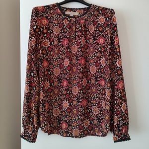 LOFT Floral Black Orange Printed Long Sleeve Blouse XS